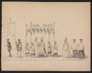Maškaráda utrechtských studentů, 1846 (deska 10) Vyobrazení krojovaného průvodu, zobrazující průvod Filipa II., prince španělského, v Utrechtu, 3. října 1549, pořádaný 17. června 1846, H.H. Studenti Utrechtsche od Carel Christiaan Antony Last