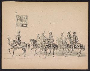 Maškaráda utrechtských studentů, 1846 (deska 15) Vyobrazení krojovaného průvodu, zobrazující průvod Filipa II., prince španělského, v Utrechtu, 3. října 1549, pořádaný 17. června 1846, H.H. Studenti Utrechtsche od Carel Christiaan Antony Last
