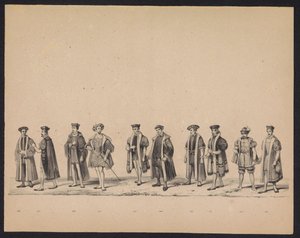 Maškaráda utrechtských studentů, 1846 (deska 19) Vyobrazení krojovaného průvodu, zobrazující průvod Filipa II., prince španělského, v Utrechtu, 3. října 1549, pořádaný 17. června 1846, H.H. Studenti Utrechtsche od Carel Christiaan Antony Last