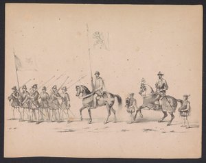 Maškaráda utrechtských studentů, 1846 (deska 2) Vyobrazení krojovaného průvodu, zobrazující průvod Filipa II., prince španělského, v Utrechtu, 3. října 1549, pořádaný 17. června 1846, H.H. Studenti Utrechtsche od Carel Christiaan Antony Last