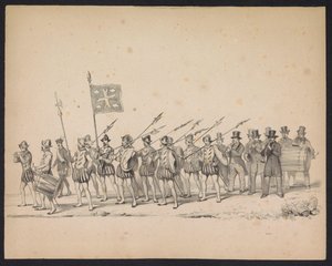 Maškaráda utrechtských studentů, 1846 (deska 22) Vyobrazení krojovaného průvodu, zobrazující průvod Filipa II., prince španělského, v Utrechtu, 3. října 1549, pořádaný 17. června 1846, H.H. Studenti Utrechtsche od Carel Christiaan Antony Last