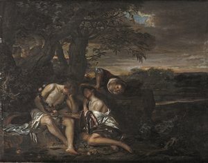 Spící pár, objevený třemi ženami v arkádské krajině (olej na panelu) od Carel De Moor II (attr. to)