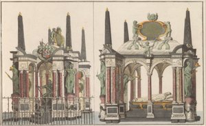 Praalgraf van Willem van Oranje v Delftu, ca. 1790 Skvělé mauzoleum královské rodiny ve Velkém kostele v Delftu / Totéž převzato ze severní strany (název na objektu) od Carel Frederik Bendorp (I) (possibly)