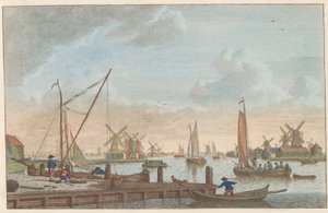 Zaan ve Wormerveeru, asi 1790 Wormerveer van de Poelsluis / Wormerveer aupres du Saan (název na objektu) od Carel Frederik Bendorp (I)