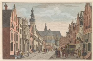 Langestraat v Alkmaaru, asi 1790 Langestraat, radnice a Grote Kerk v Alkmaar / Rue longue - Hotel de Ville - et grande Eglise à Alkmaar (název na objektu)
