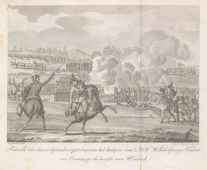Princ Frederik je zraněn ve Werviku, 1793 Bataille ze 13. září 1793, kromě zranění H.D.H. Willem George Fredrik z Orange, vedle Werwicku (titul na předmětu) od Carel Jacob de Huyser