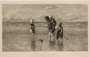 Čtyři děti si hrají s hračkou na pláži v mělké mořské vodě Děti moře Enfants de la mer (název na objektu) od Carel Lodewijk Dake