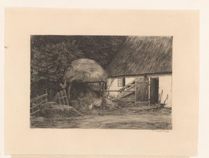 Farmářský dvůr s kupkou sena a slepicemi od Carl Bloch