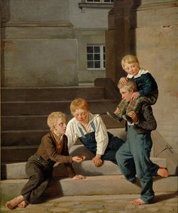 Mladí chlapci hrají kostky před zámkem Christiansborg, Kodaň, 1834 od Carl Christian Constantin Hansen