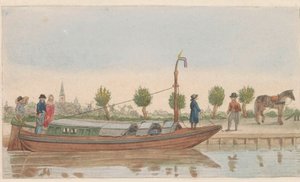 Vlečný člun, 1824 Een hollandsche trek nebo Jaagschuit / Une barque de tracte, serve au transport de voyageurs et marchandises en hollande (název na předmětu) od Carl Cristiaan Fuchs