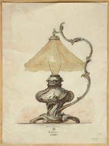 Kresba stříbrné stolní lampy s krouceným vroubkovaným tělem v rokokovém stylu, Dům Carla Faberge od Carl Fabergé
