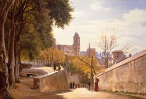 Pohled na Viale Trinità dei Monti s fontánou Villa Medici, při pohledu z Via di San Sebastianello, Řím