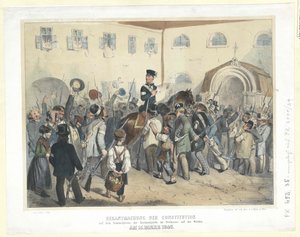 Vyhlášení ústavy na shromaždišti Národní gardy ve Svobodném domě na Wiedenu 15. března 1848 (kolorovaná litografie) od Carl Goebel