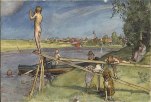 Příjemné koupaliště. Ze sbírky „A Home“ (26 akvarelů) od Carl Larsson