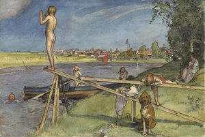 A Pleasant Bathing Place, ze série A Home, kolem roku 1895 (wc na papíře) od Carl Larsson