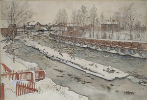 Dřevěný skluz. Zimní scéna. Ze sbírky „A Home“ (26 akvarelů) od Carl Larsson