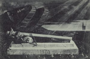 Vítězný spojenecký tank z první světové války projíždí kolem hrobky francouzského kavaleristy z prusko-francouzské války. (litho)