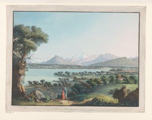 Pohled na Ženevu s Mont-Blanc v pozadí Pohled na Mont-Blanc a část Ženevy (titul na objektu) od Carl Ludwig Hackert