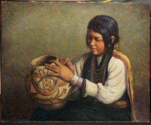 Isleta Pottery Maker, Pueblo of Isleta, Nové Mexiko (olej na plátně)