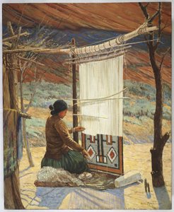 Navaho Weaver, Canyon de Chelly, rezervace Navaho (olej na plátně připevněném na panelu)