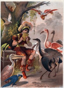 Papageno s pánvovou flétnou přináší ptáky z lesa. Ilustrace Carl Offterdinger (1829-1889) ve filmu „Začarovaná flétna“ (Die Zauberflote, flauto magico, Kouzelná flétna). Soukromá sbírka.