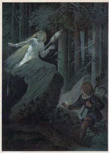 Poplatek utíkající se zlatým vřetenem zpíval osud zlatého knoflíku. Ilustrace Carl Oftterdinger (1829-1889) v „“ Bouton d