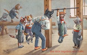 Humoristická pohlednice s kočkou (barevná litografie) od Carl Robert Arthur Thiele