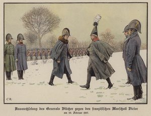 Výměna zajatých pruských a francouzských polních maršálů Gebharda Bluchera a Clauda Victora-Perrina, 20. února 1807 (barevně lito) od Carl Röchling