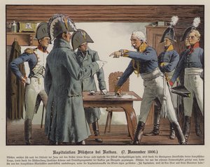 Polní maršál Blucher se vzdává Francouzům v Katekau, 7. listopadu 1806 (barva litho) od Carl Röchling