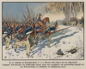 Pruská pěchota útočící v bitvě u Eylau, 7.-8. února 1807 (barva litho) od Carl Röchling