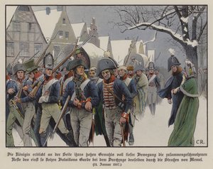 Zbytek pruské armády pochodující kolem krále Fridricha Viléma III. a královny Louise ulicemi Memelu od Carl Röchling