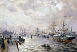Plachetnice v přístavu Hamburk, 1889 (wc a kvaš na papíře)
