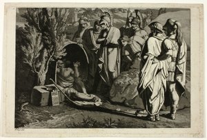 Diogenes ve své vaně s Alexande a jeho generály