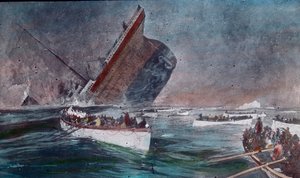 První plavba Titaniku 1912 - potopení Titaniku - záchranné čluny s přeživšími katastrofy Titaniku, ilustrace