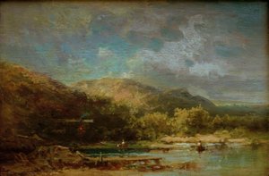 Chata u jezera s postavami od Carl Spitzweg
