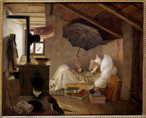 Chudák básník Starý muž leží na půdě. Obraz Carla Spitzwega (1808-1885) 1839. Rozm. 0,36 X 0,44 m Berlín, Altes Museum, Německo - Chudák básník. Starý muž upoutaný na lůžko v podkroví. Obraz Carl Spitzweg (1808-1885) od Carl Spitzweg