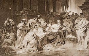 Vražda Caesara, ilustrace z knihy H. G. Wellse "Nástin dějin", I. díl, vydáno v roce 1920 (litografie) od Carl T. von (after) Pilotz
