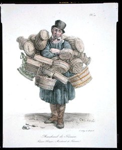 The Basket Seller, číslo 21 ze série „The Cries of Paris“, vydané kolem roku 1820 (barevné lito)