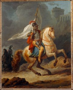 Cavalier en armure tenant un drapeau - Obrněný rytíř s praporem ...