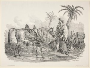 Sedící Arab držící uzdu arabského koně od Carle Vernet
