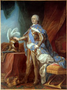 Portrét na nohou Ludvíka XV (1710-1774), v brnění, ruka umístěná na přilbě. Obraz Carle Van Loo (1705-1765), olej na plátně (271 x 193 cm) od Carle van Loo