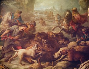 Hon na medvěda (olej na plátně) od Carle van Loo