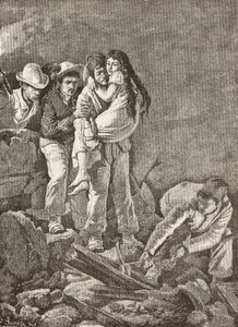 Dívka je zachráněna poté, co se její dům zhroutil, zemětřesení Casamicciola, Itálie, rytina z kresby E Sanesi a malby Carla Ademolla (1824-1911), z L