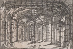 Interiér vězení, ve kterém sedí žena, cca 1680-1710.