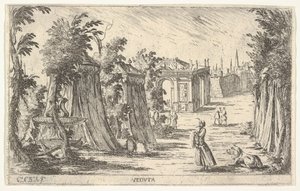 Pohled s mužem v turbanu a lvem stojícím vpravo, stany a klasickým architektem..., 1680-1710.