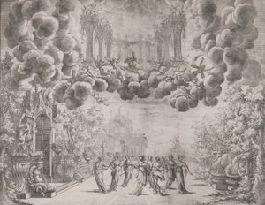 Scénický design s alegorickými postavami, z „Idey všech dokonalostí ... Piacenz ..., ca. 1690. od Carlo Antonio Forti