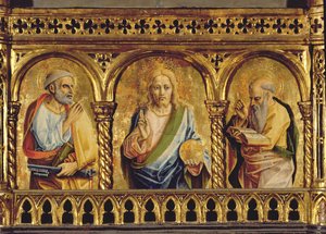 Kristus se svatým Petrem a Pavlem, detail z polyptychu tempery SantEmidio na detailu panelu 76636 od Carlo Crivelli