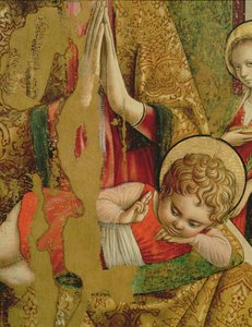 Madona s dítětem, detail Ježíška, ze středového panelu druhého triptychu tempery Valle Castellamo na detailu panelu 76632 od Carlo Crivelli