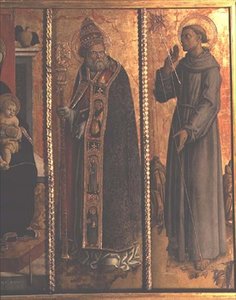 Sv. Silvestr a sv. František, detail z polyptychu San Silvestro od Carlo Crivelli