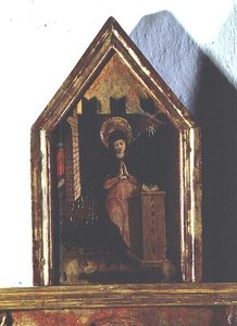 Zvěstování, detail polyptychu San Silvestro od Carlo Crivelli